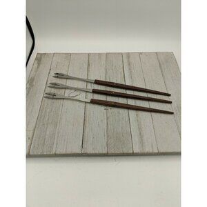 Vintage Set 3 Fondue Forks Mid Century Modern Wood Handles Stainless Japan